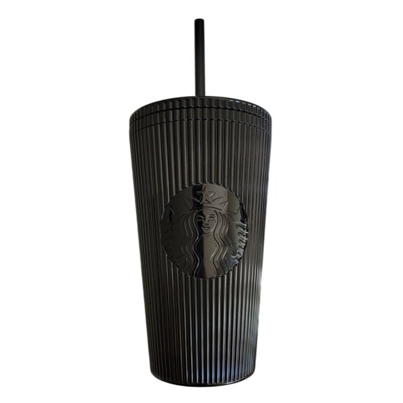 Starbucks 2024 Black Pleated Metallic Core 16 Oz. Venti Cold Cup With Straw - Picture 1 of 6